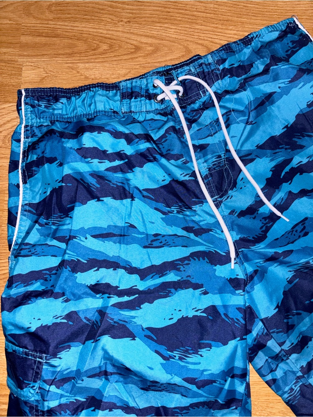 Men's Blue Patterned Swim Trunks with Drawstring - Picture 3 of 5